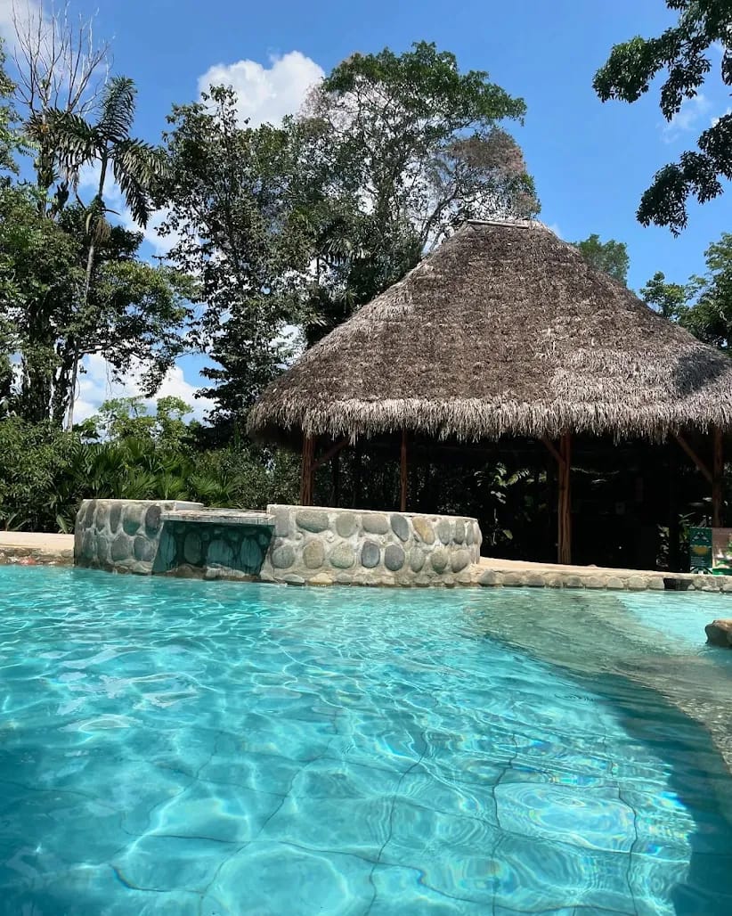 Piscina natural con techo de paja en la selva